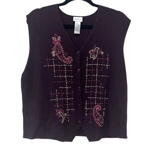 Koret Womens Vintage Style Embroidered Button Front Sweater Vest Plum Purple L